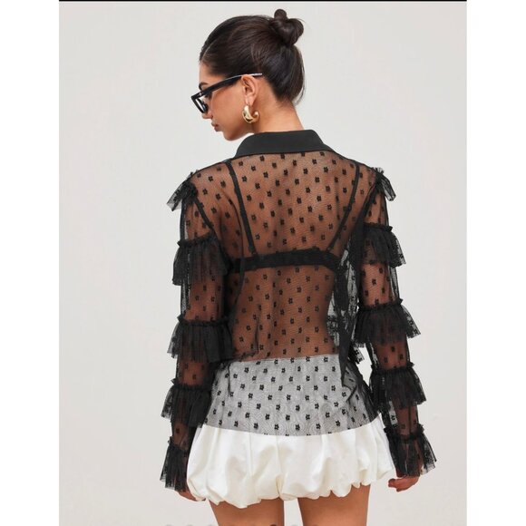 Black Mesh Floral Ruffle Layered See-Through Long Sleeve Button-Up Shirt - Picture 3 of 8